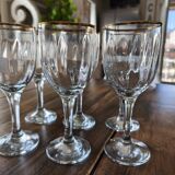Set of 6 vintage red wine glasses with scrolled drinking rim and gold rim
