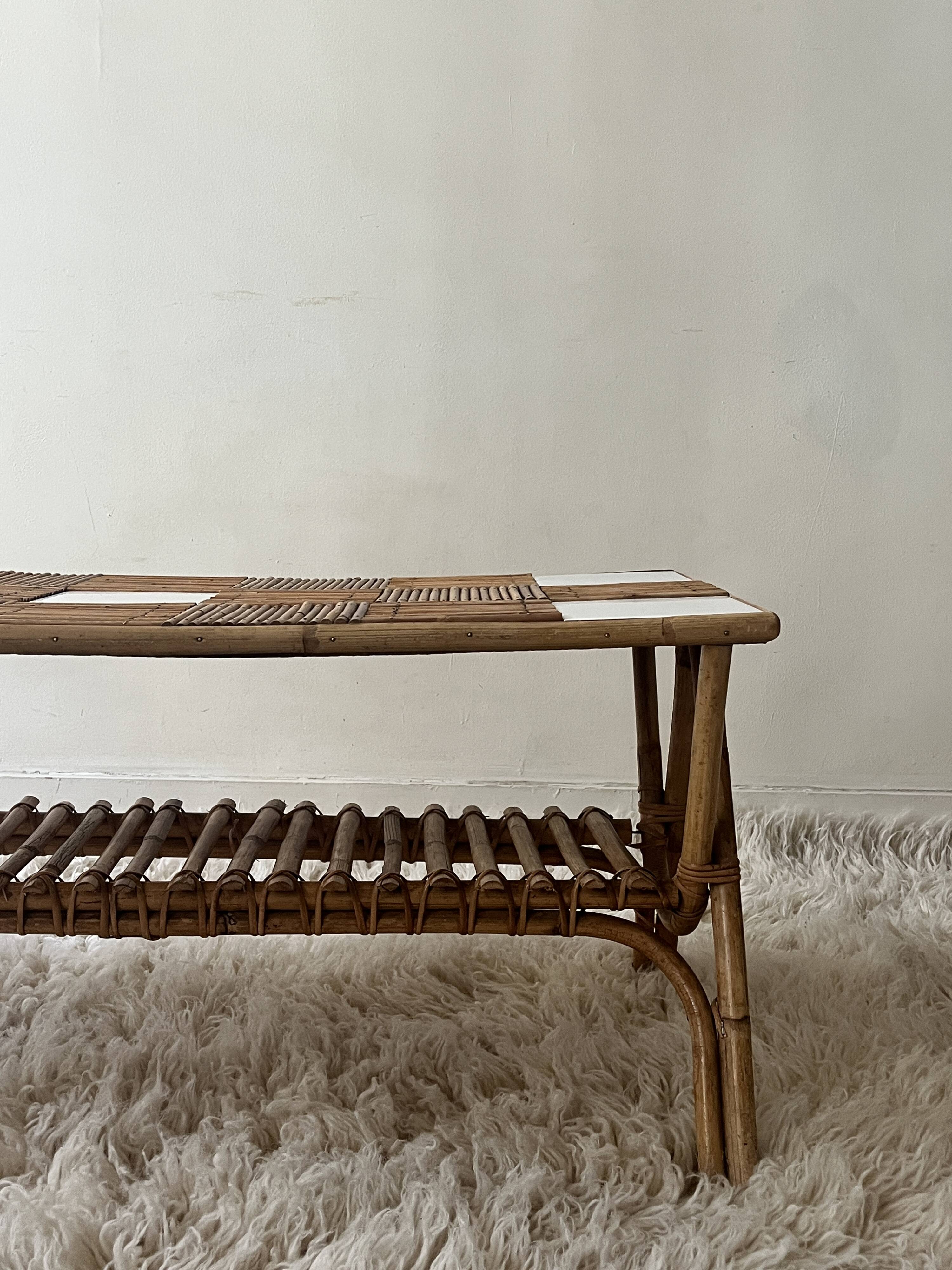 Large coffee table in Audoux style made of bamboo, rattan & ceramic, Italy 1970.