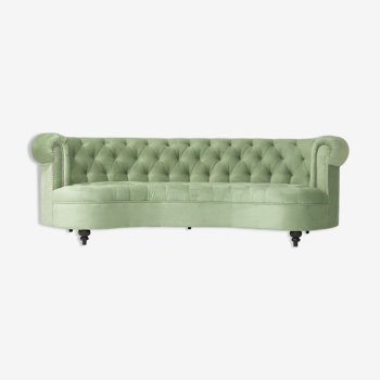 Canapé banane type chesterfield en velours et bois