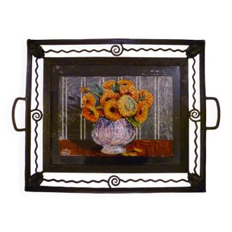 Large art deco serving tray in wrought iron and fixed design under glass