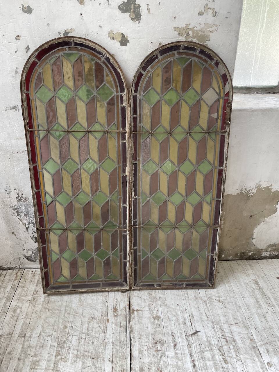 Old stained glass window in metal and glass 1900