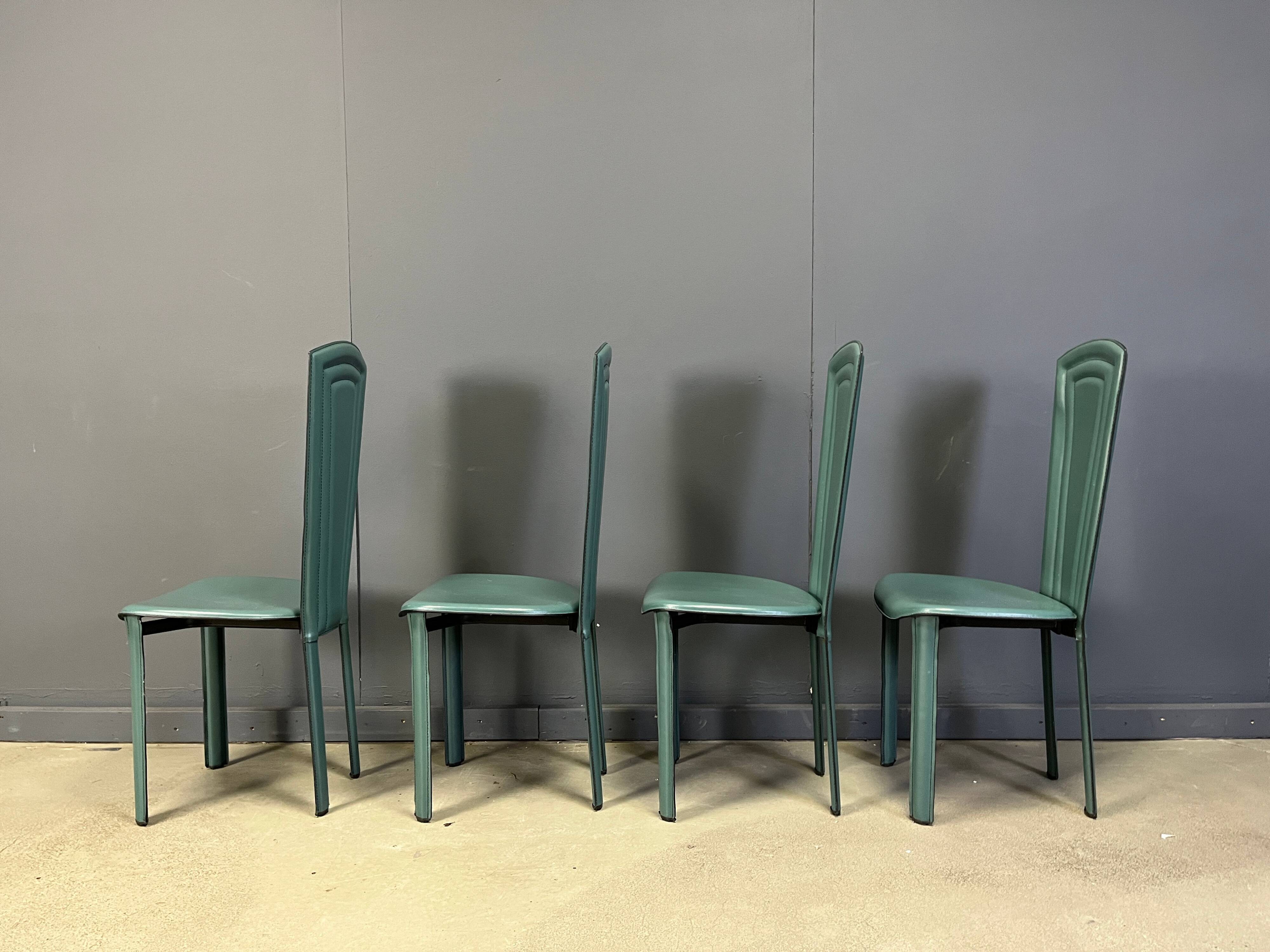 Vintage green leather dining chairs, 1980s - set of 4