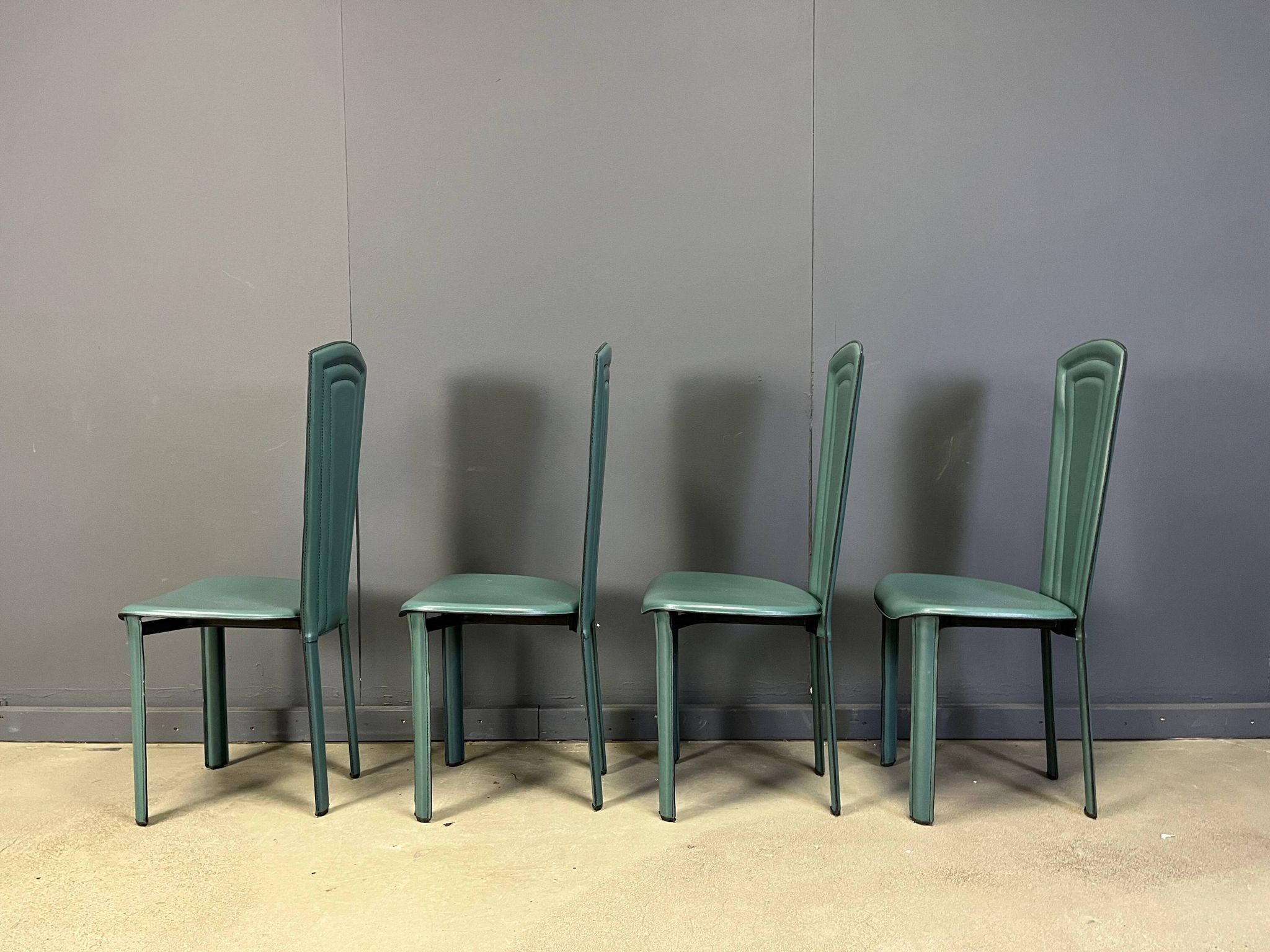 Vintage green leather dining chairs, 1980s - set of 4