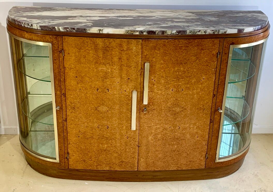 Art Deco period sideboard in precious wood veneer, Loupe d'Amboine