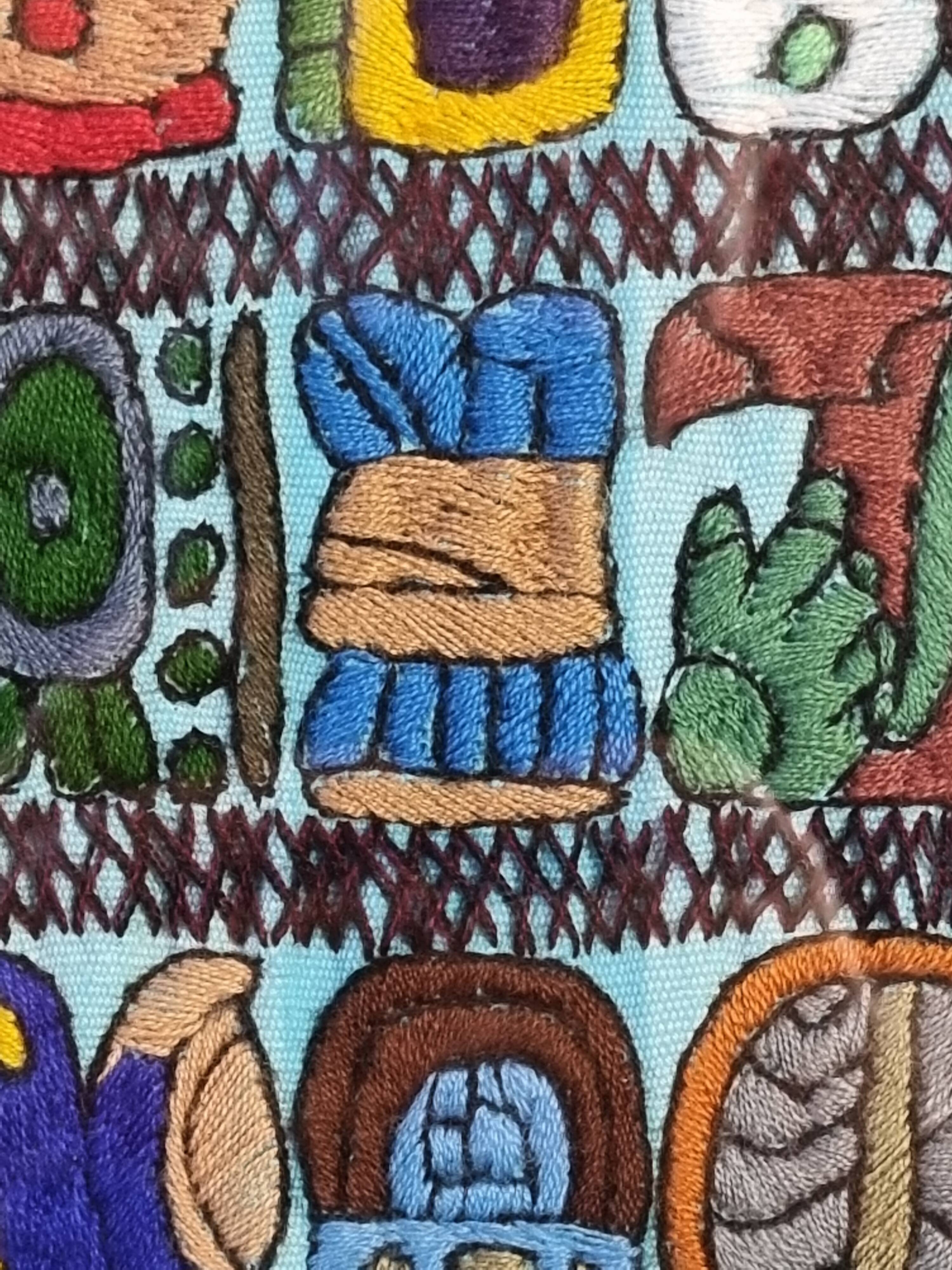 Native American tapestry, embroidered framed, colorful Mayan symbology, 84 cm
