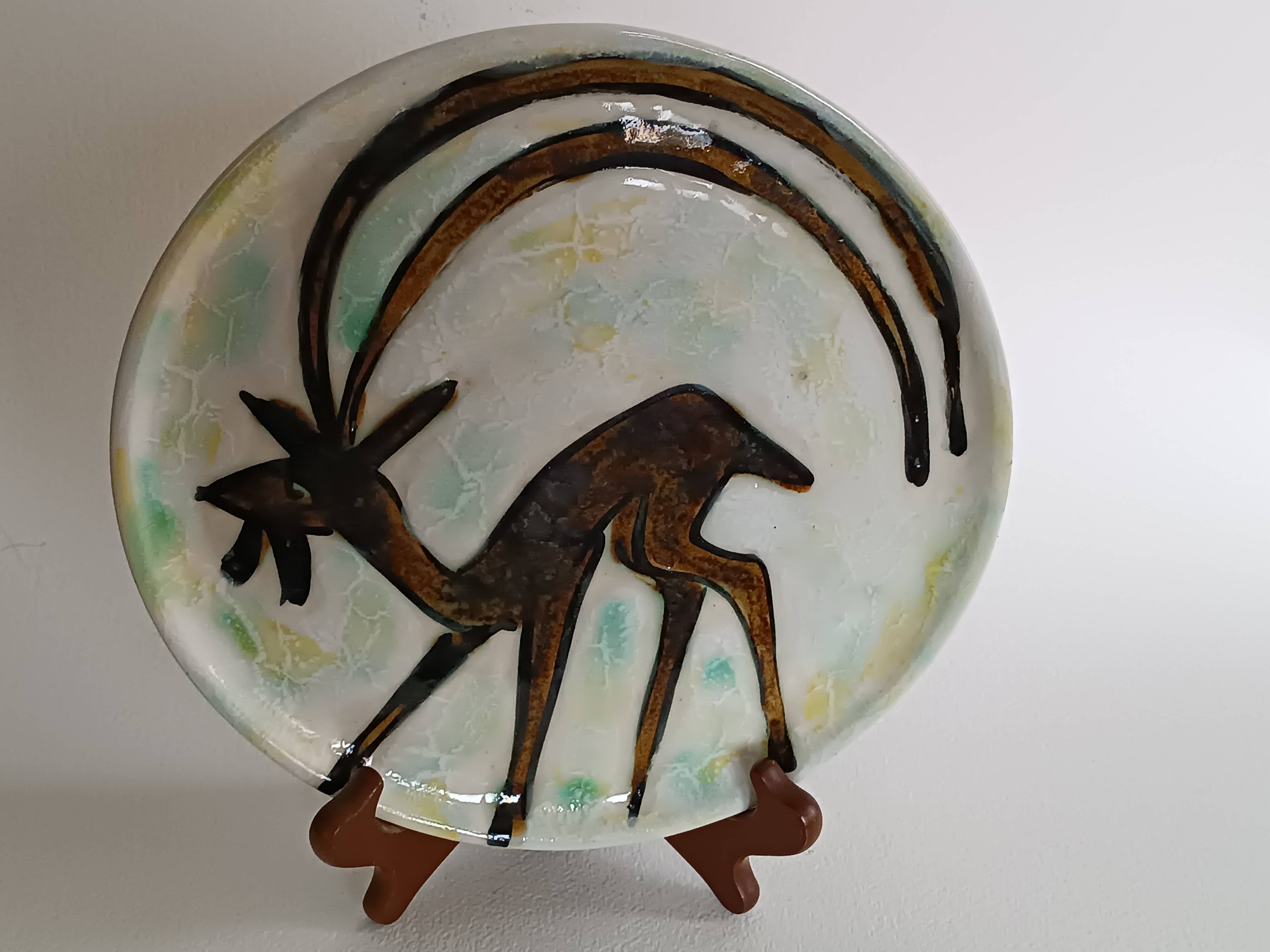 Ceramic plate by Jacques Marie, deer decoration, 1960