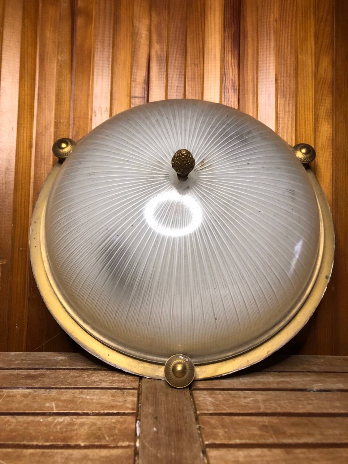 Old molded glass ceiling light + gold metal contour + vintage brass #a491