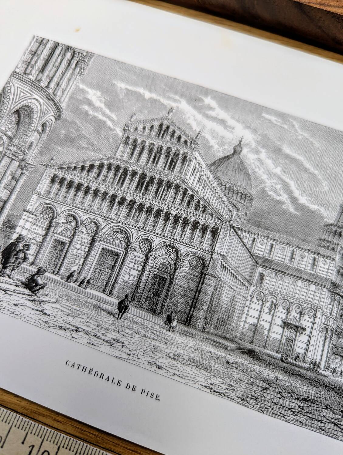 Pisa, Italy, the Cathedral and the tower. Antique engraving, 1867.