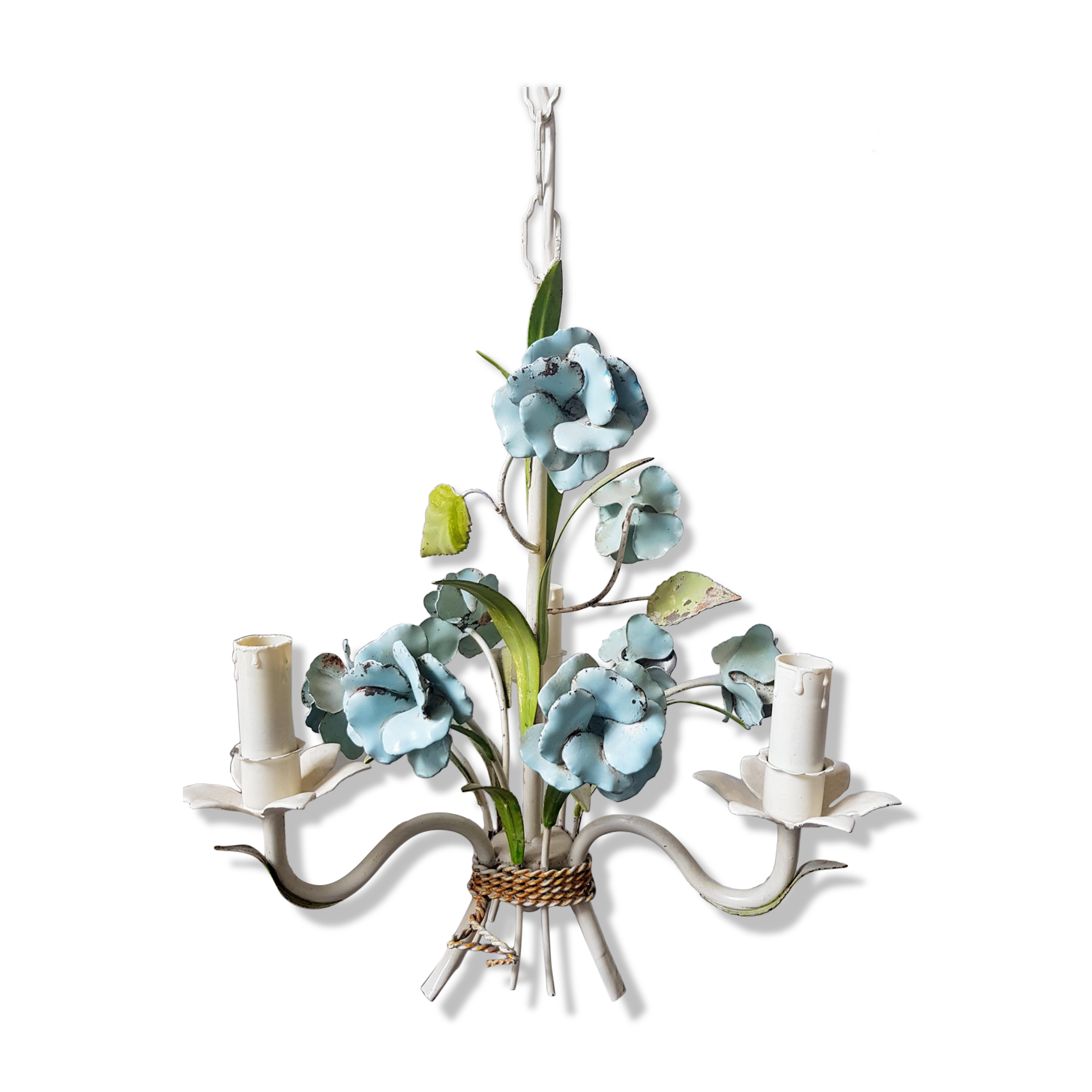 Vintage tole chandelier with light blue roses 1960s