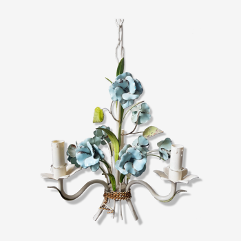 Vintage tole chandelier with light blue roses 1960s