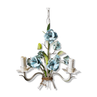 Vintage tole chandelier with light blue roses 1960s