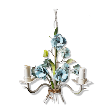 Lustre tole vintage avec roses bleu clair années 1960