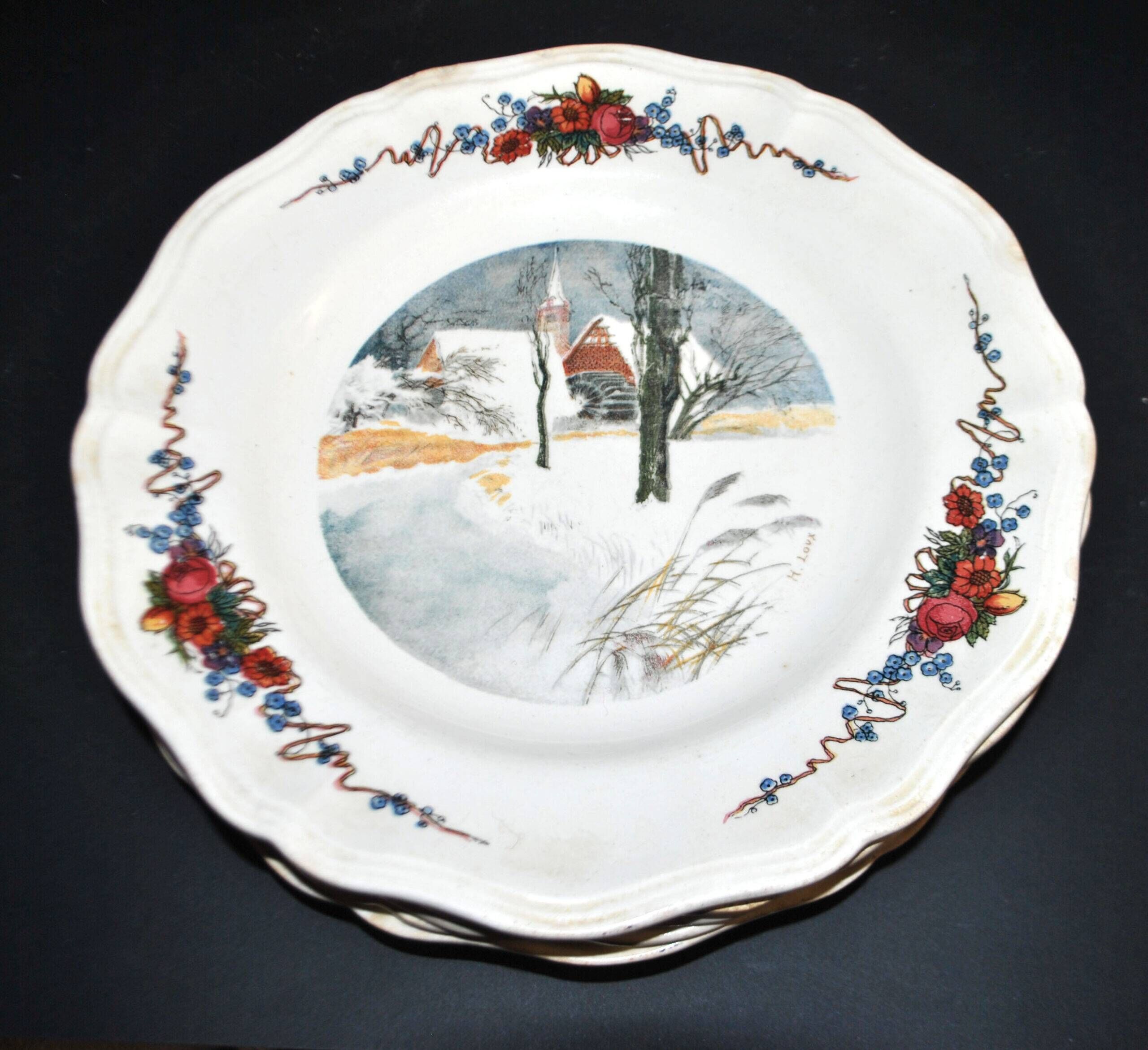 Sarreguemines set of 6 flat plates Obernai village Alsace by Loux