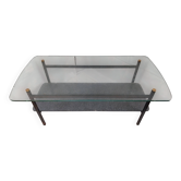 Table basse moderniste double plateau verre et métal noir-années 1950