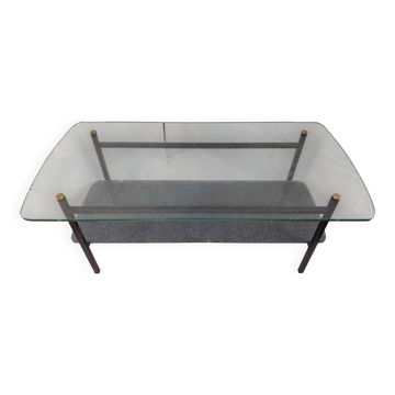 Table basse moderniste double plateau verre et métal noir-années 1950