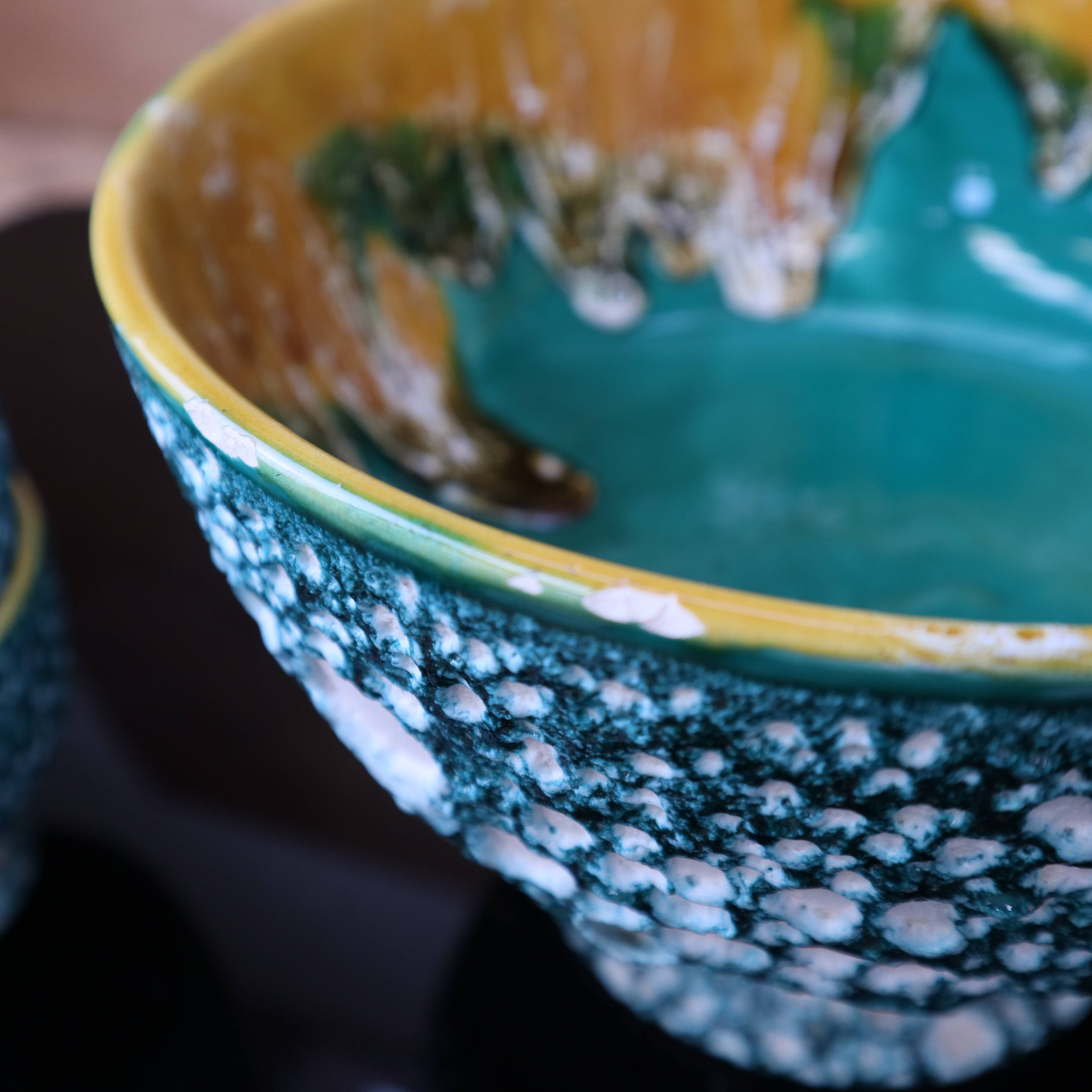 Salad bowl and its 6 Lava Green bowls in Vallauris style.