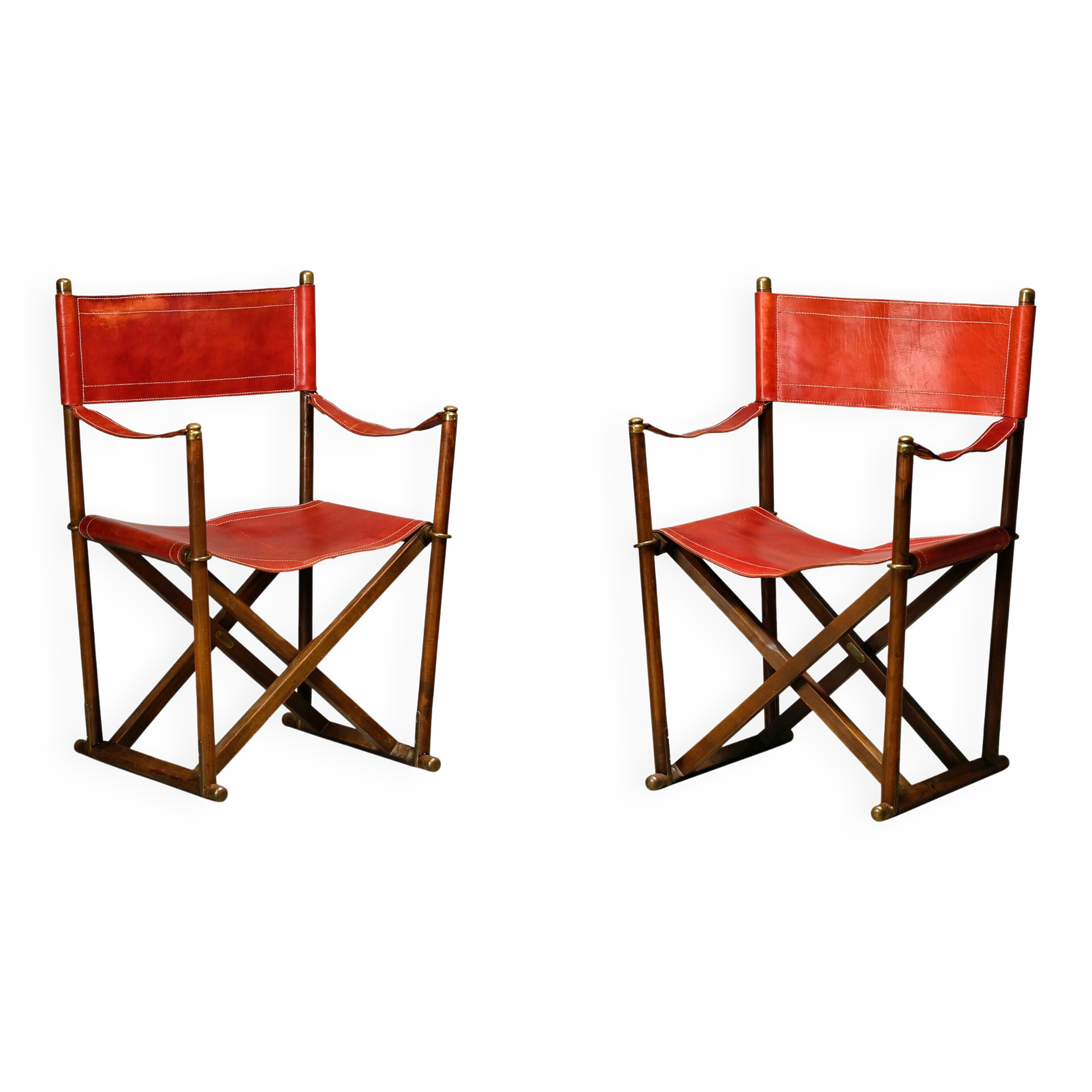 Pair Mogens Koch MK-16 Folding Chair in Oak Wood with Red Leather for Valma