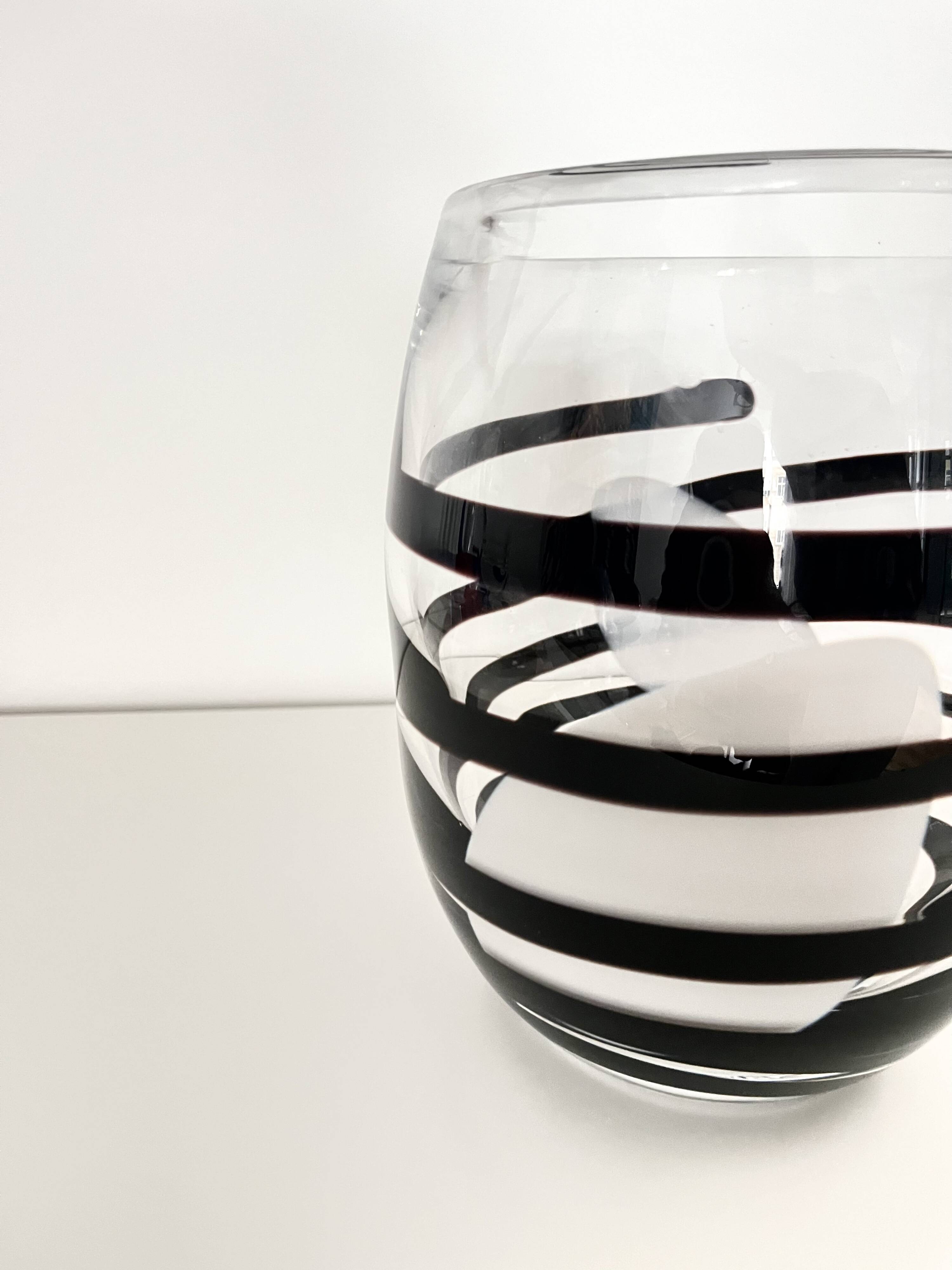 Vintage Kosta Boda Clear & Black Swirl Striped Art Vase, Sweden, 1990s