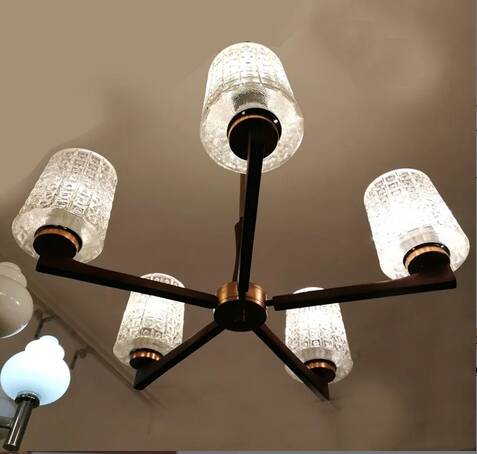 Scandinavian chandelier with 5 branches, teak and glass, 1950