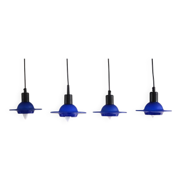 Set of 4 vintage blue glass pendants, made by Design Light A/S, Denmark, 1990s.