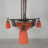 Lampe suspendue Art Déco avec bol en verre et 3 calices, années 1930