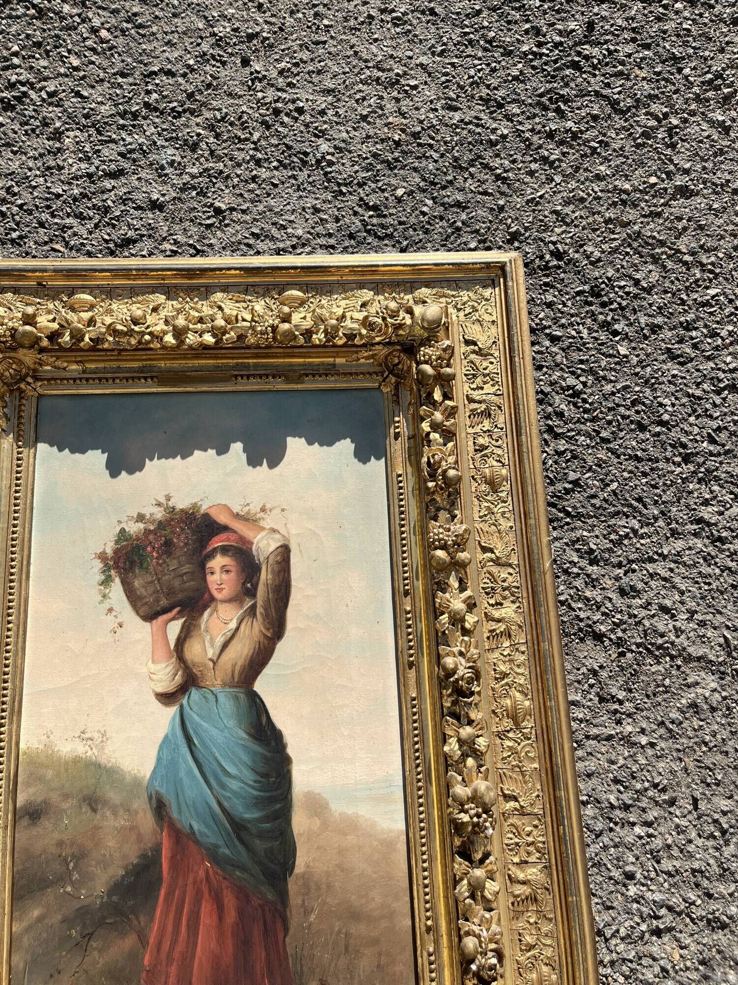 Ernesto Jolli – Oil on canvas 19th century – Young woman with a basket of flowers