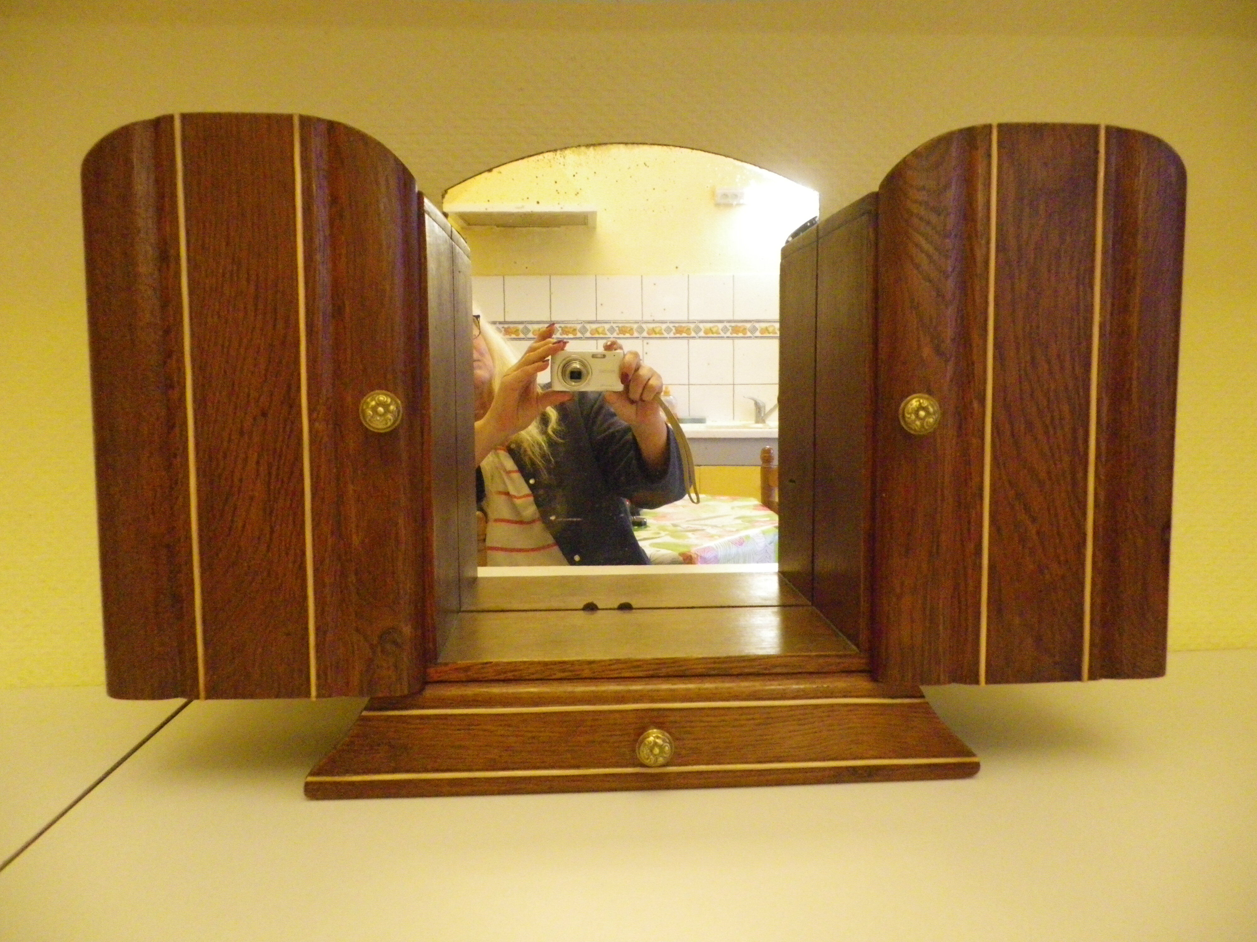 Art Deco extra furniture 1920/1940 to install or fix, wooden, central mirror, 2 doors, 1 drawer