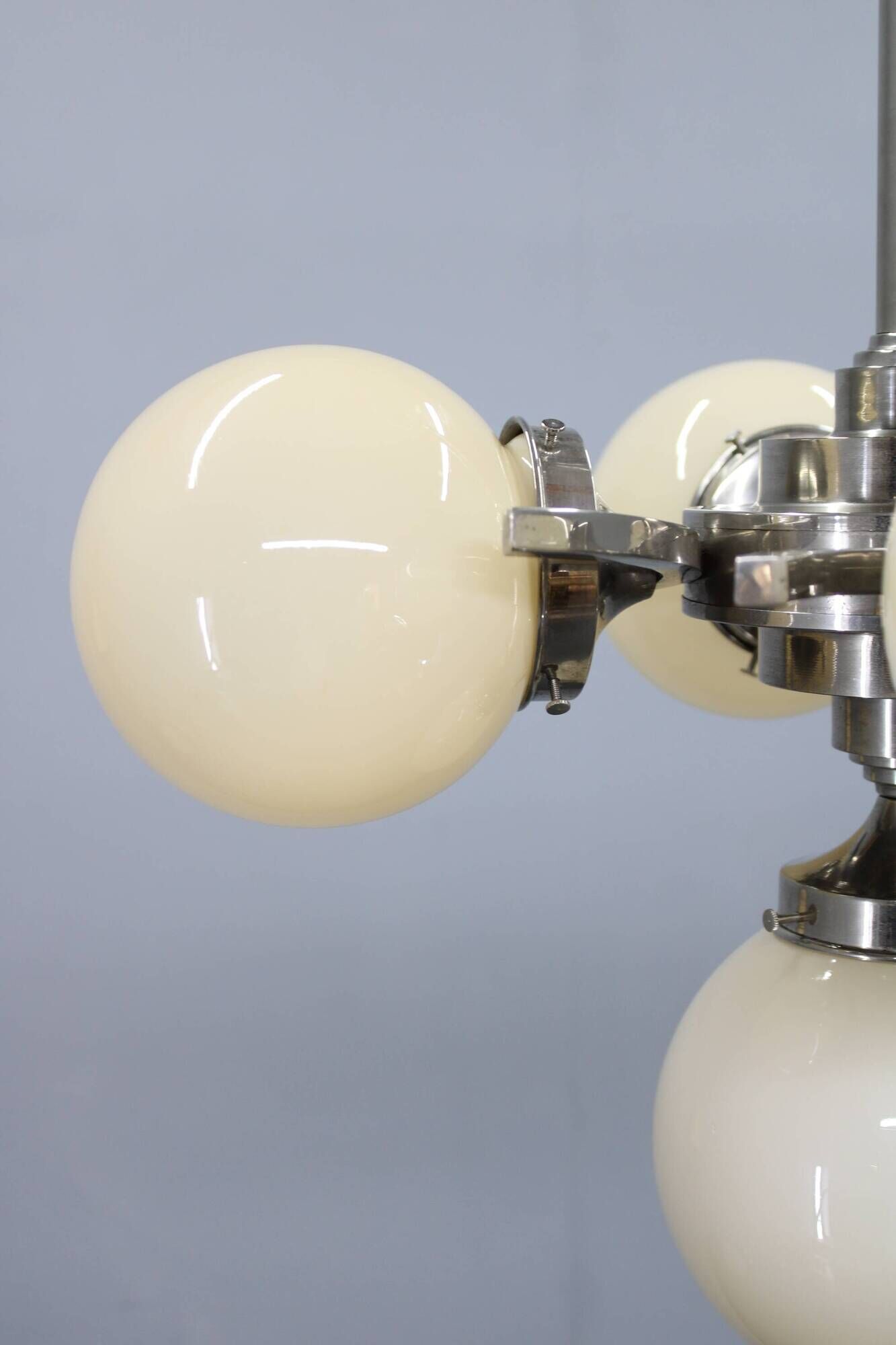 Czechoslovak Art Deco nickel chandelier with five opaline glass globes