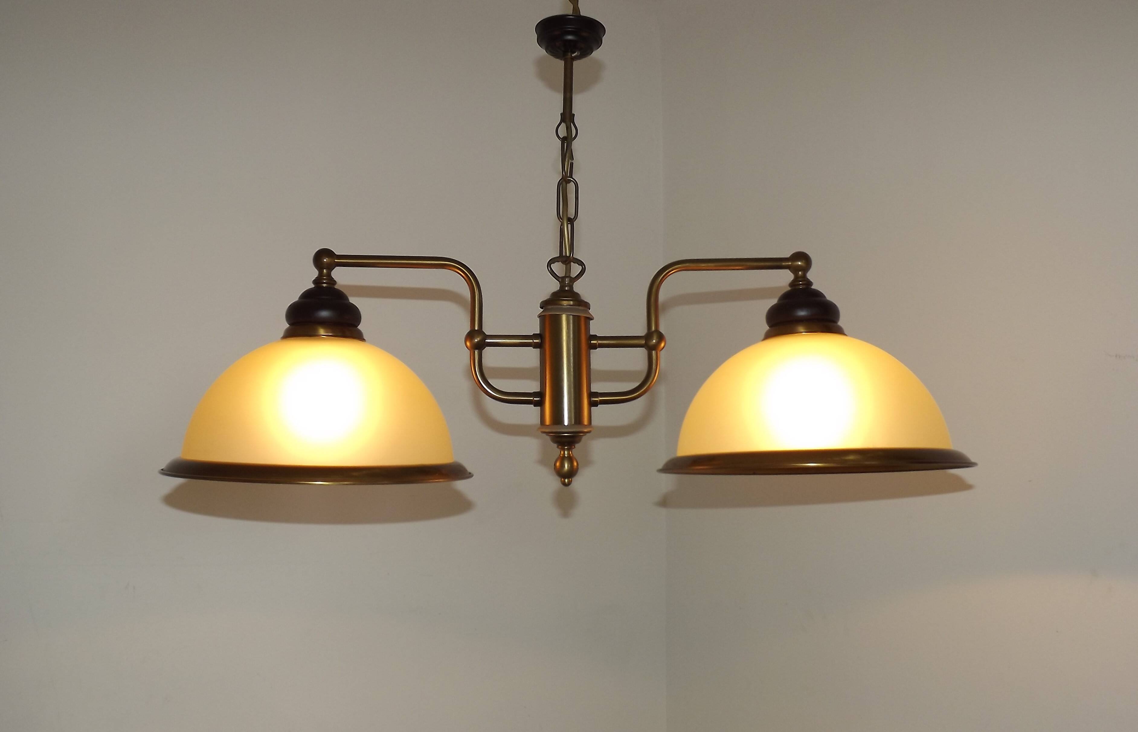 French Mid Century Bronze Effect Metal Double Billiard Light Glass Shades