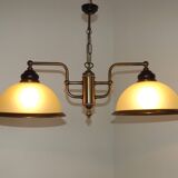 French Mid Century Bronze Effect Metal Double Billiard Light Glass Shades