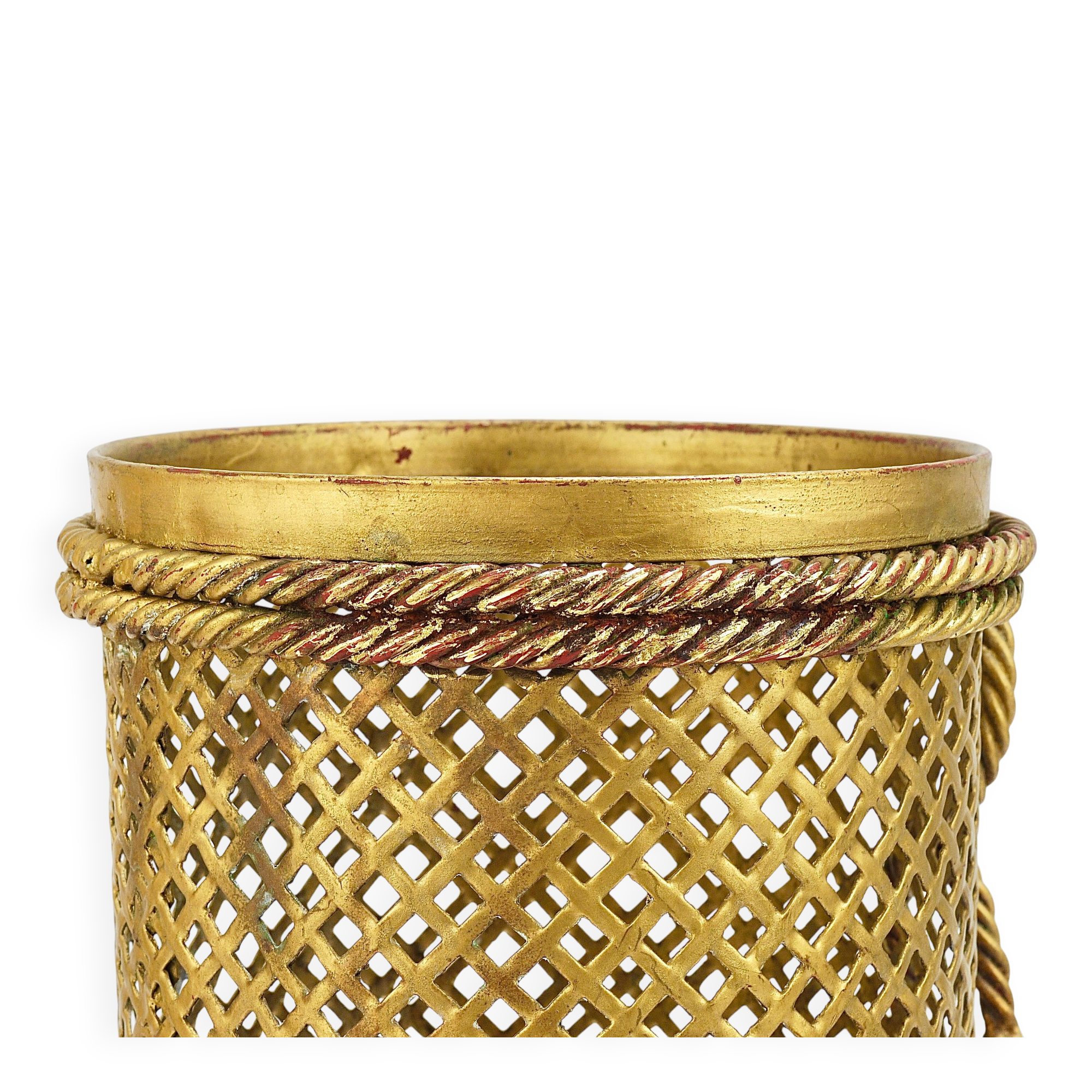 Hollywood Regency umbrella stand in gold metal with cord and tassels, Li Puma Firenze, 1950.