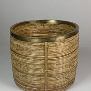 Set of 5 rattan pencil reed and brass plant holder baskets, Italy 1970s