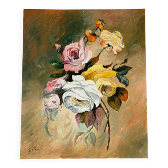 Autumn roses, oil on canvas signed Esterel.