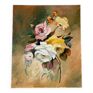 Roses d’automne, huile sur toile signé Esterel