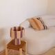 Table lamp in natural raffia with purple stripes