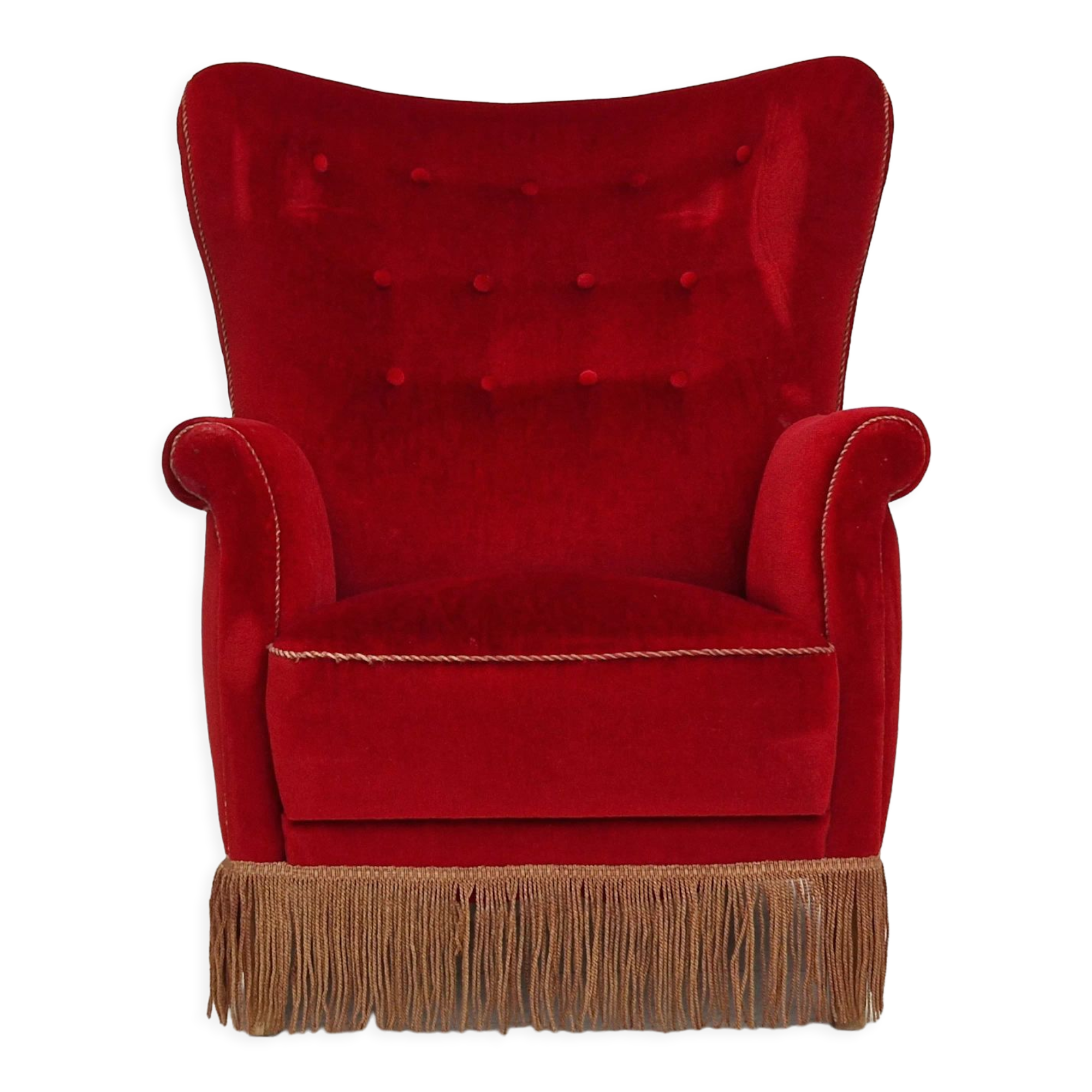 1960s, danish high back vintage armchair in cherry-red velour