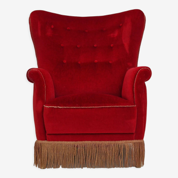 1960s, danish high back vintage armchair in cherry-red velour