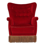 1960s, danish high back vintage armchair in cherry-red velour