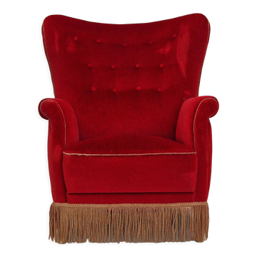 1960s, danish high back vintage armchair in cherry-red velour