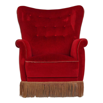 Fauteuil danois à dossier haut en velours rouge cerise 1960