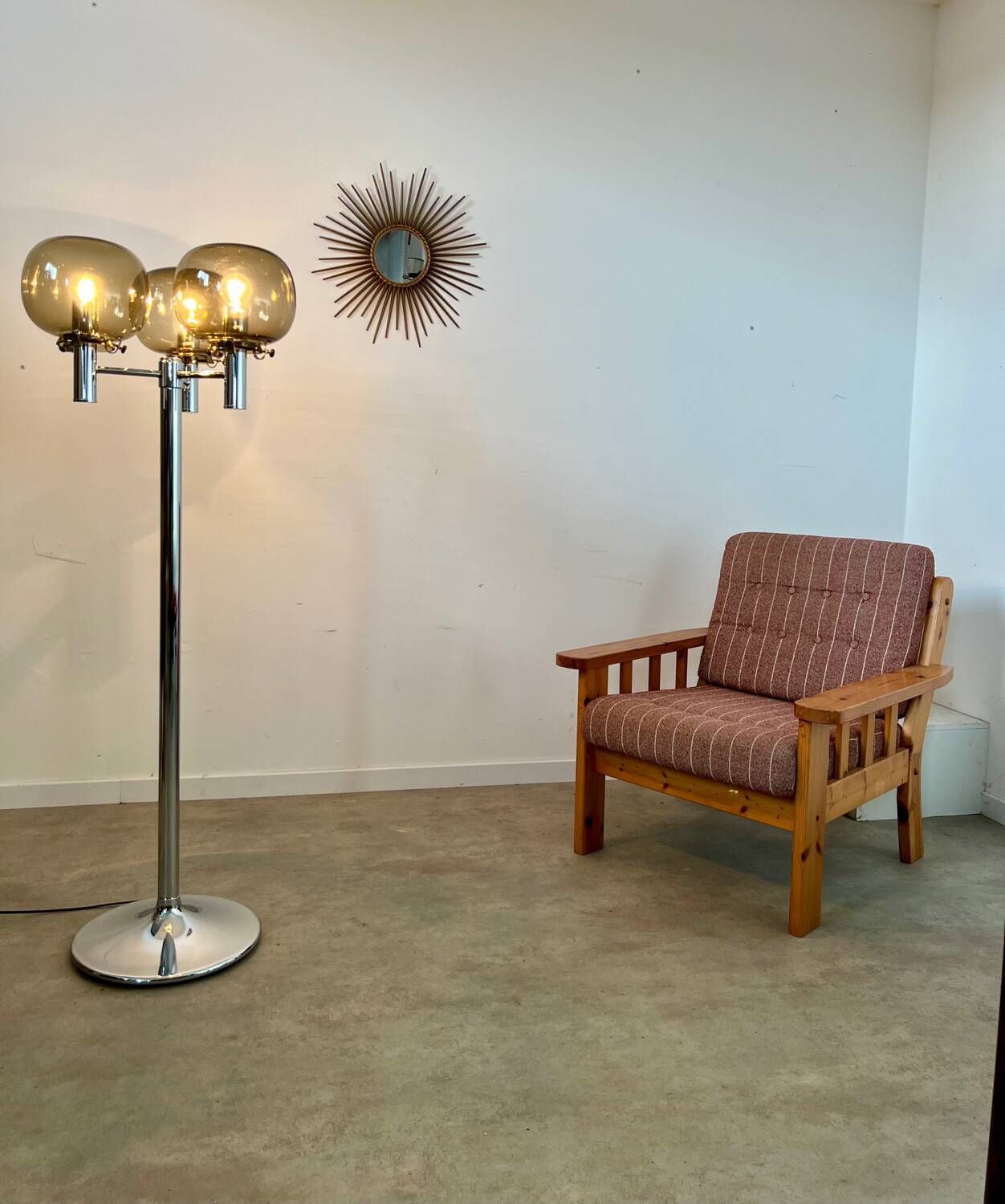 Old 3-light chrome and smoked glass floor lamp Italian design from the 70s vintage