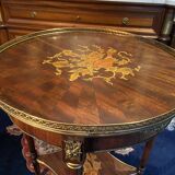 Bouillotte table pedestal table with marquetry decoration and bronze ornaments in the Louis style