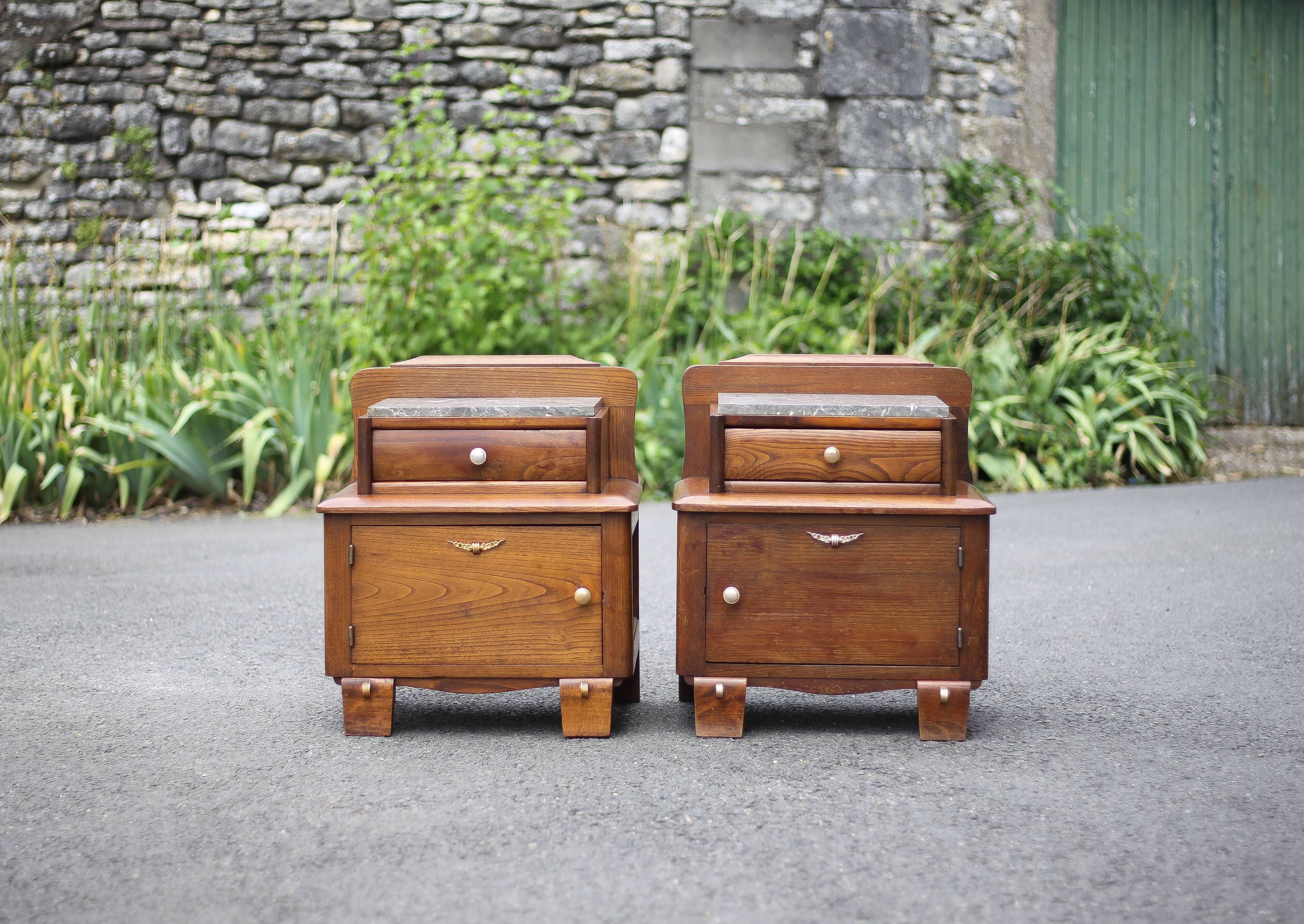 Pair of wooden nightstands, art deco style wooden bedside table, wood and marble table