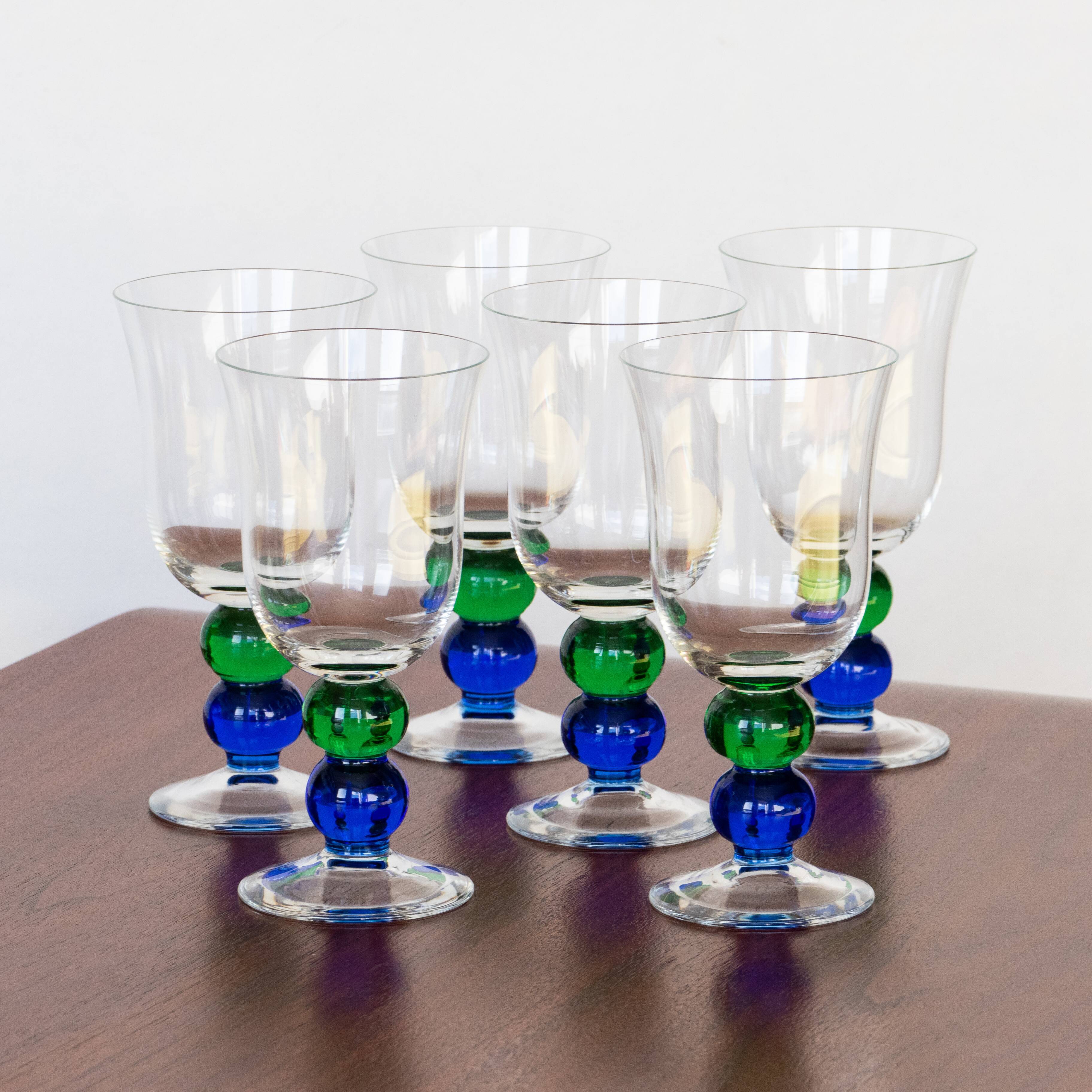 6 vintage crystal stemmed glasses, green and blue bubble foot