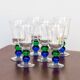 6 vintage crystal stemmed glasses, green and blue bubble foot