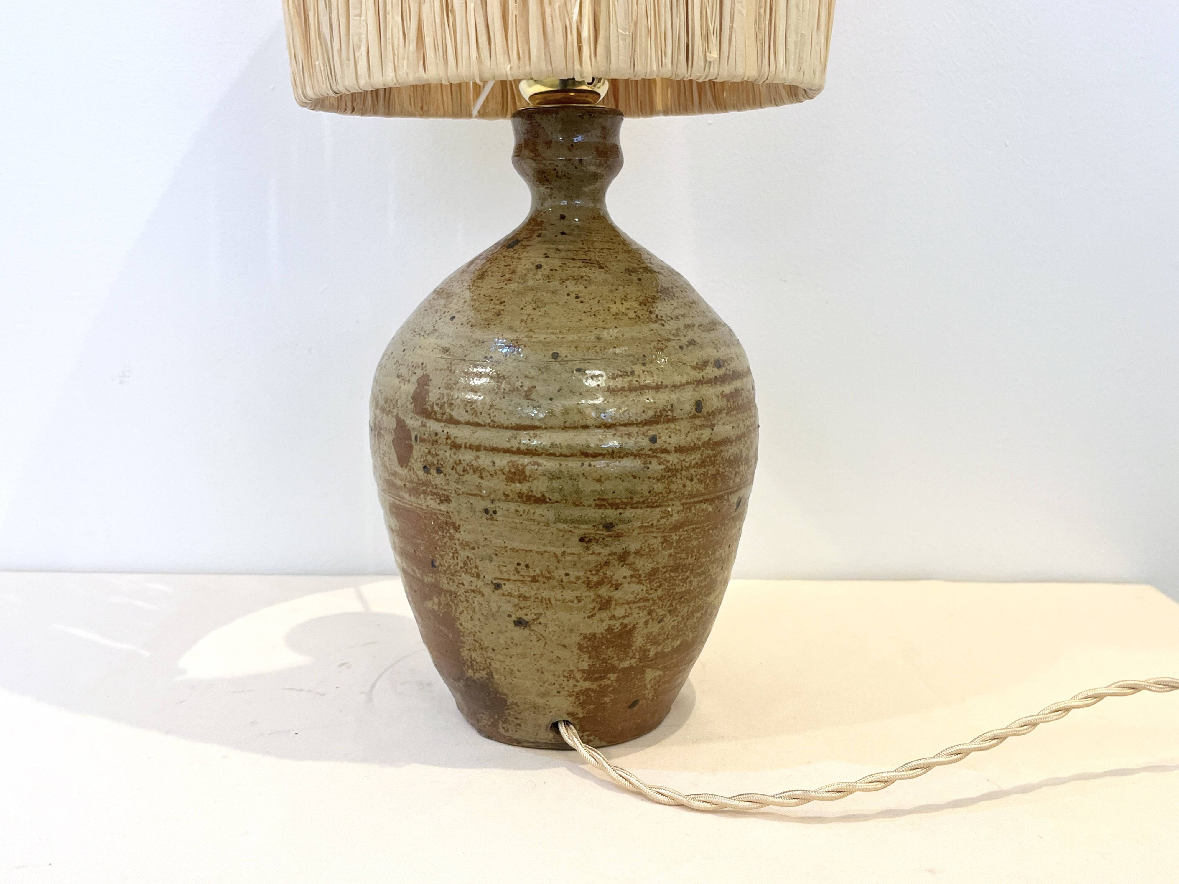XXL Vintage Lamp Base in Beige Brown Stoneware with Raffia Lampshade 1970