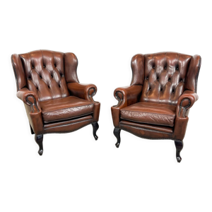 Paire de fauteuils en - cuir brun