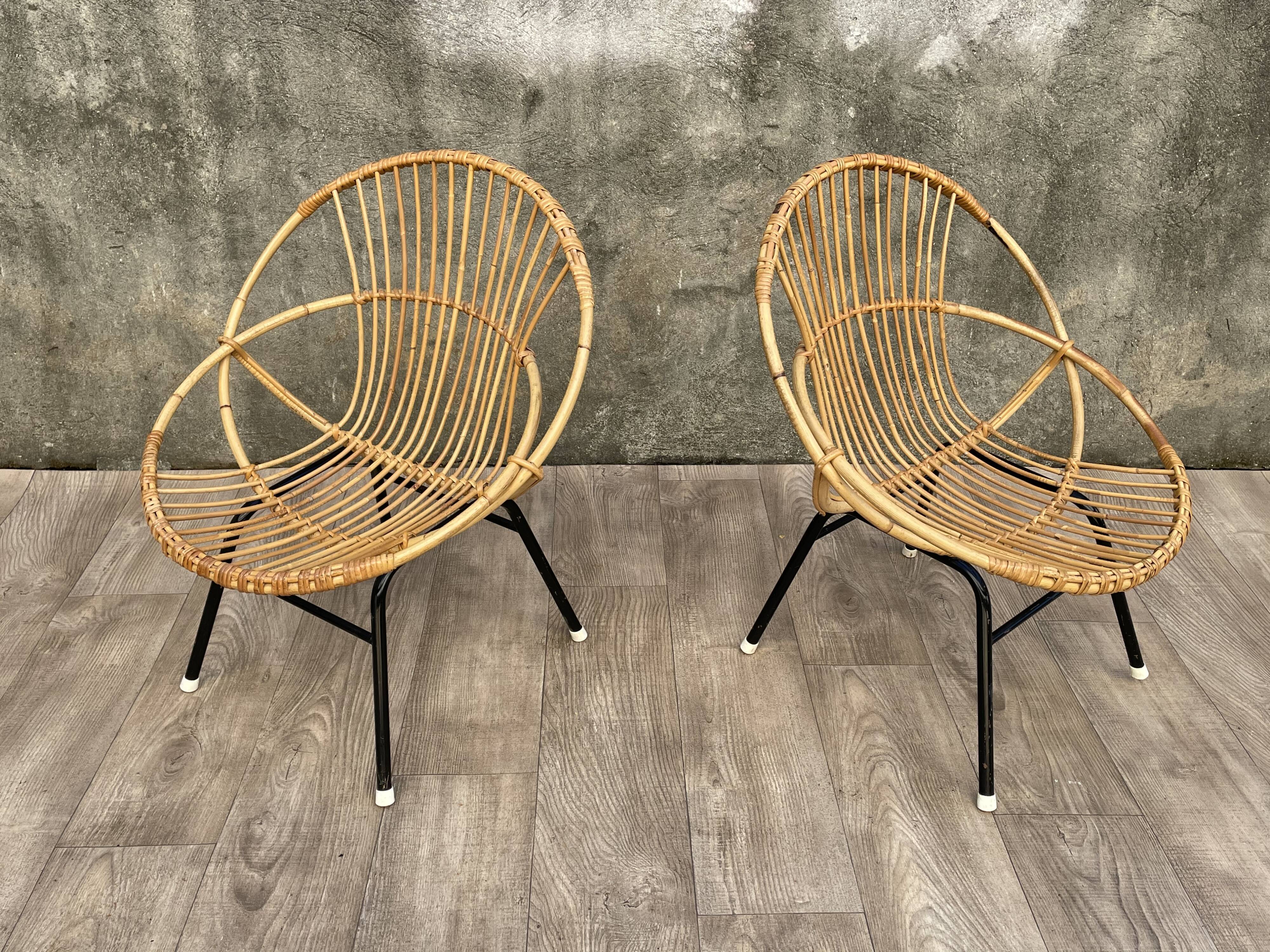 Pair of rattan and metal shell chairs, 1960