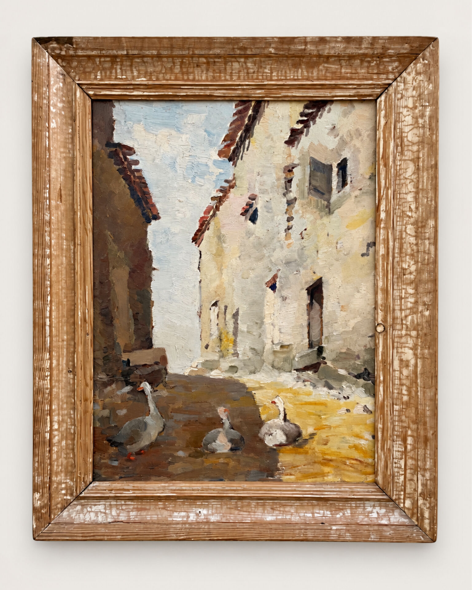 Oil on double-sided panel with geese, signed Robert, dated 1930.