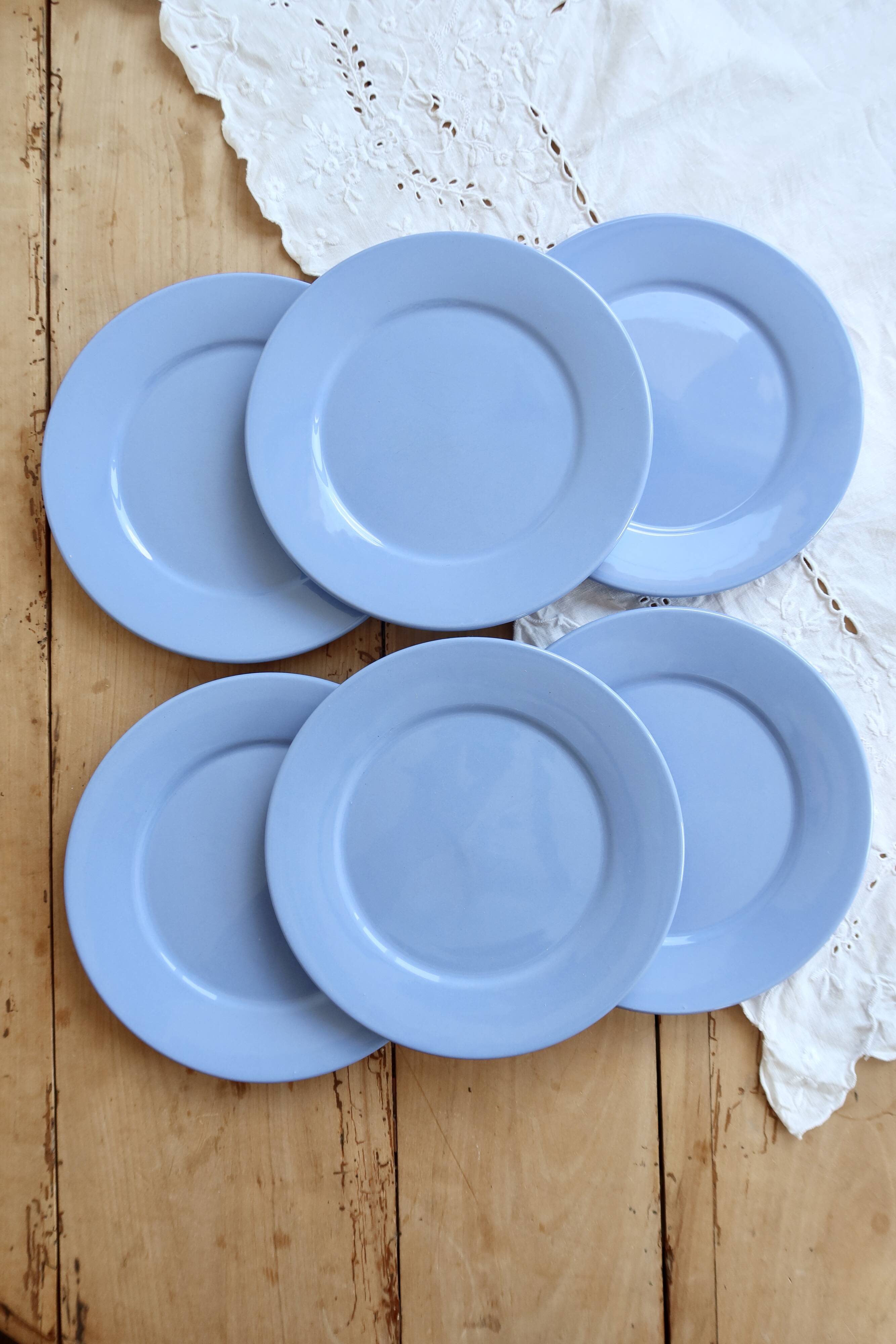 6 vintage sky blue faience dessert plates – Provençal coastal style